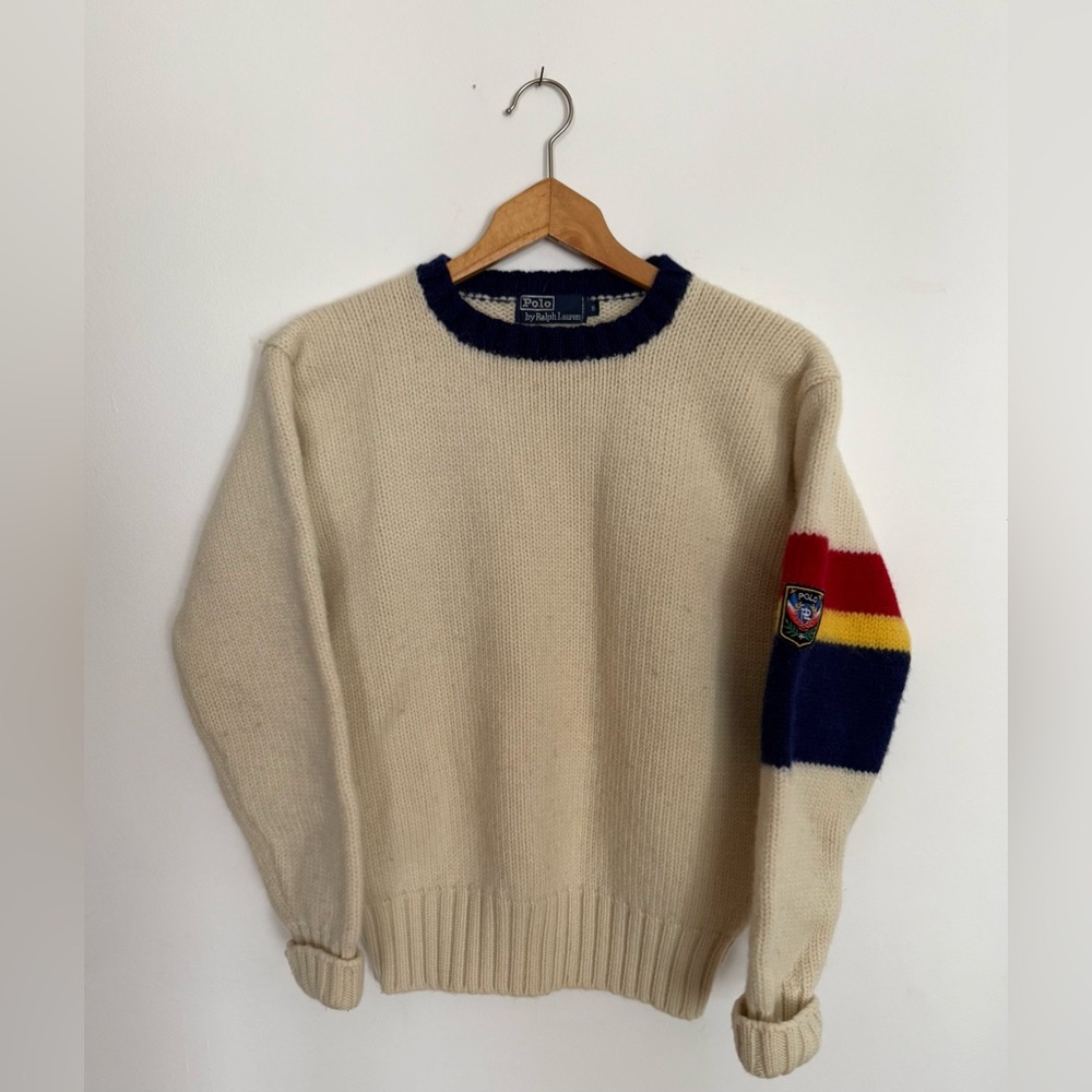 Vintage Polo by Ralph Lauren Wool Sweater Off White with Stripes Small